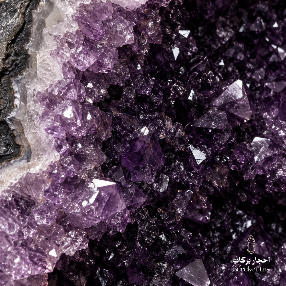 Close-up of natural Brazilian Amethyst showing detailed purple crystal formations and translucent mineral layers