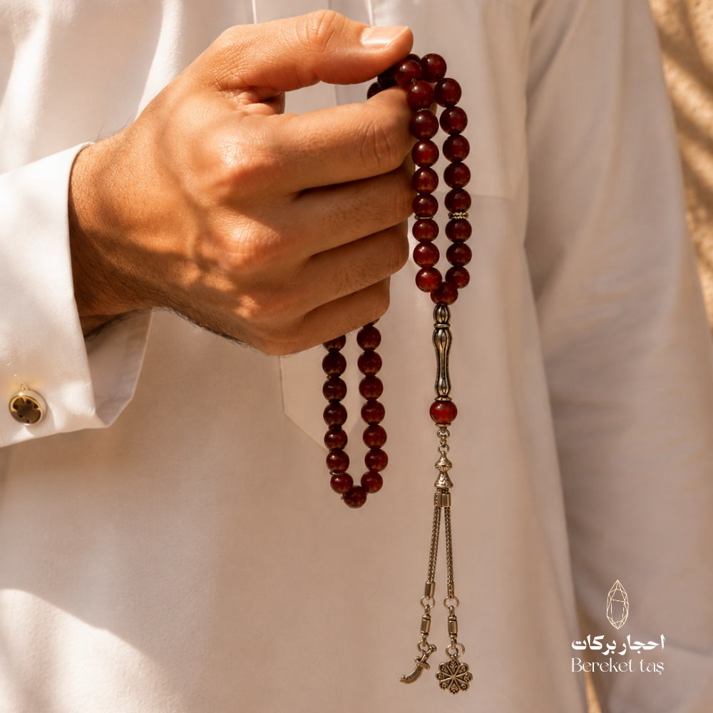 Close-up of natural red agate tasbih with polished 10 mm gemstone beads and silver-tone details