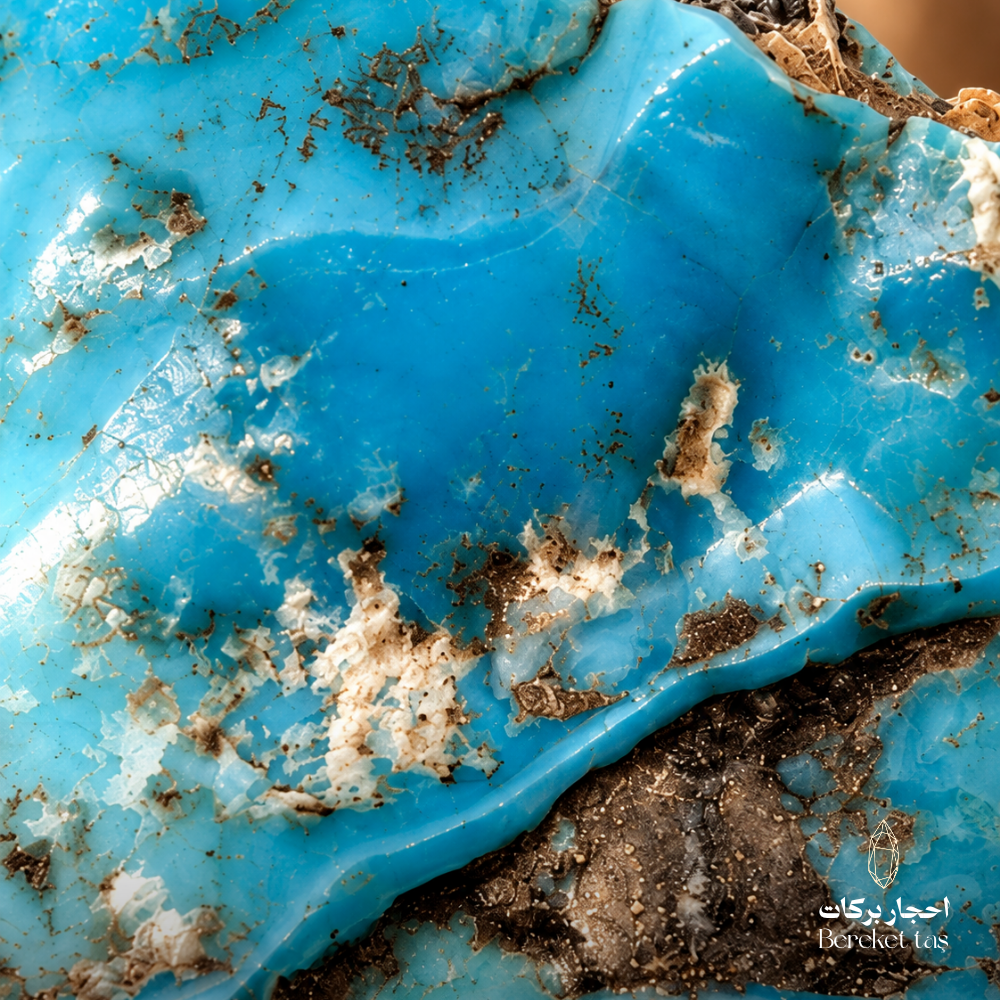 Close-up view of a natural raw Iranian Turquoise stone showing vivid blue tones with white and dark natural matrix patterns