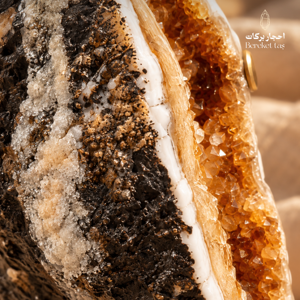 Close-up of natural Citrine geode showing golden crystal formations with white and dark mineral layers