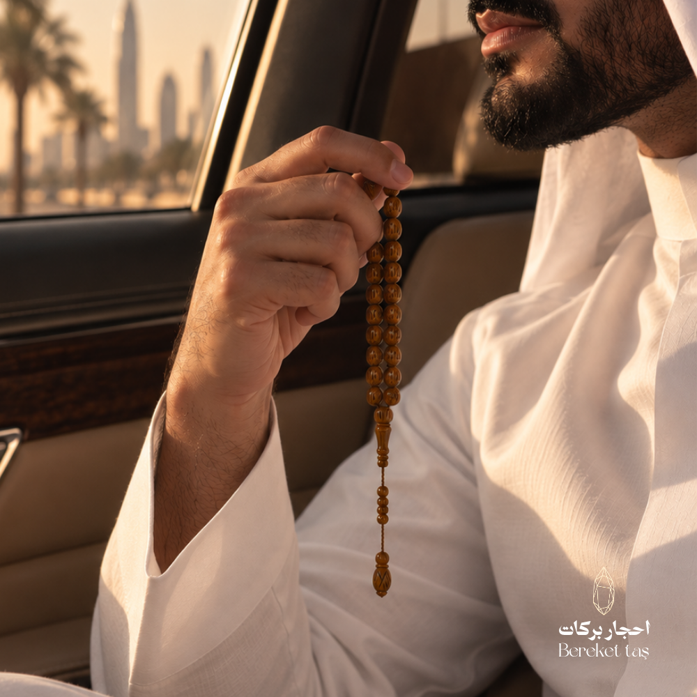 Natural Kuka Tasbih held in hand inside a luxury car, featuring polished brown wooden beads and classic design