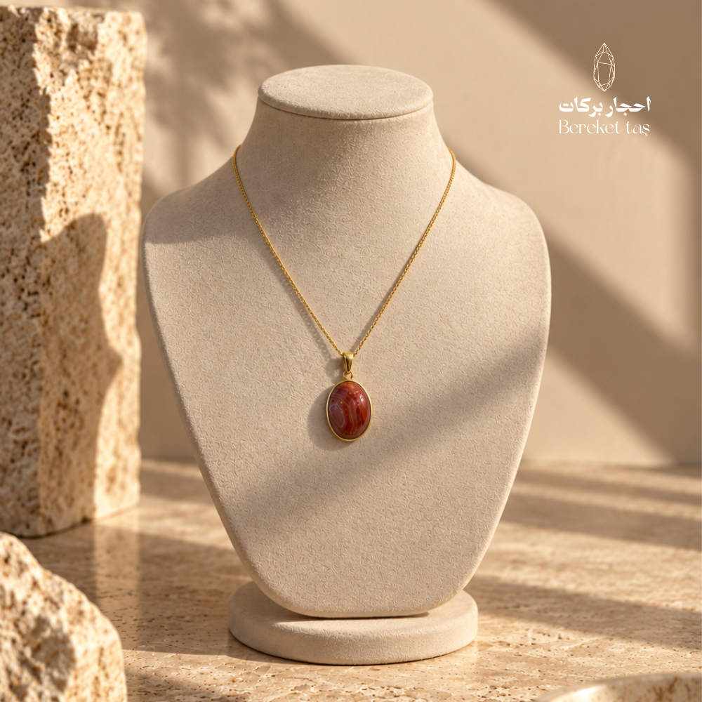 Natural red Agate pendant necklace with a gold-plated chain displayed on an elegant jewelry bust
