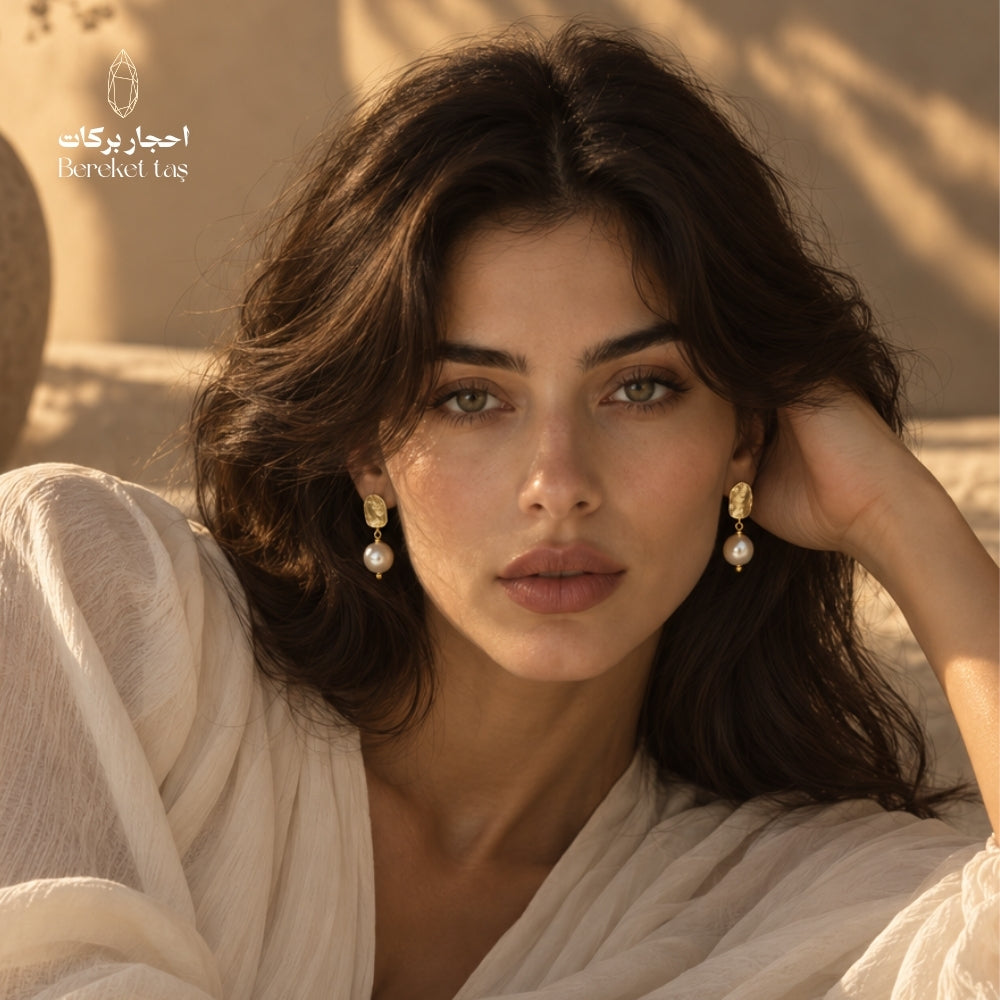 Elegant look featuring natural 7A Pearl drop earrings with gold-plated copper