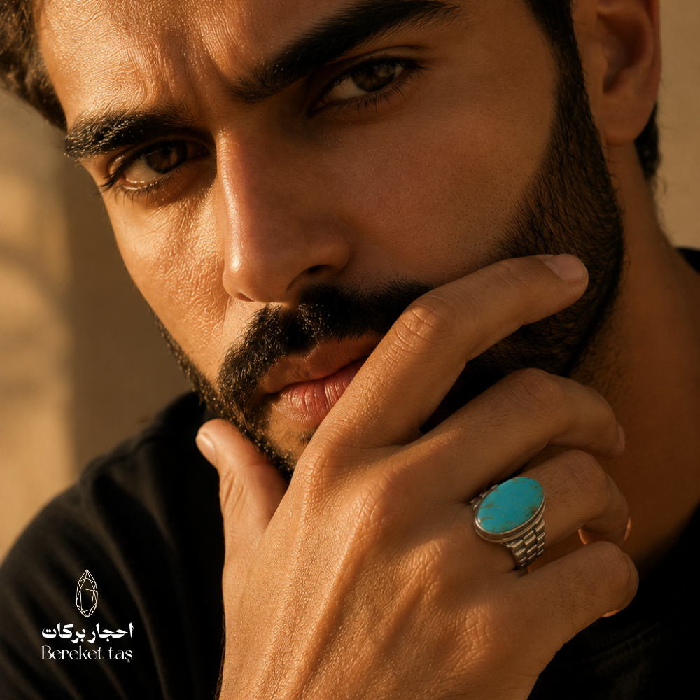 Iranian Nishapur turquoise ring in 925 sterling silver worn by a man in a close-up lifestyle shot.