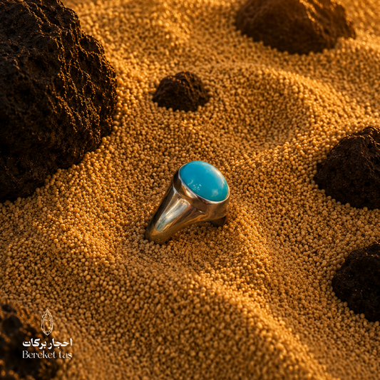 Elegant Iranian turquoise sterling silver ring displayed on warm textured sand, highlighting its vivid blue natural stone and polished silver setting.