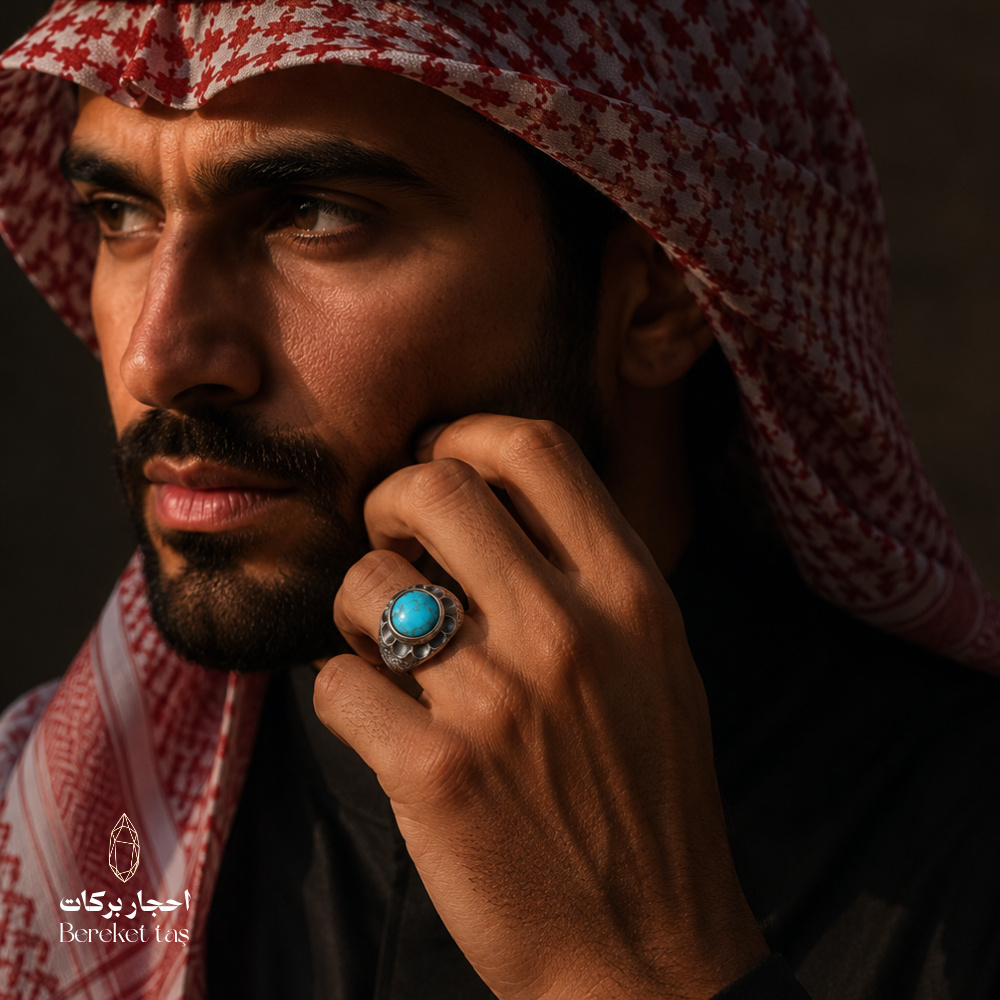 Iranian turquoise sterling silver ring worn by a man in traditional Gulf attire, showcasing the turquoise gemstone and silver setting.
