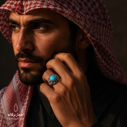 Iranian turquoise sterling silver ring worn by a man in traditional Gulf attire, showcasing the turquoise gemstone and silver setting.