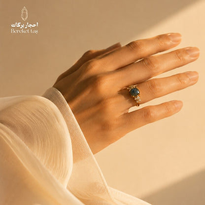 Natural Labradorite ring (Peacock Stone) with gray-green tones, worn on hand