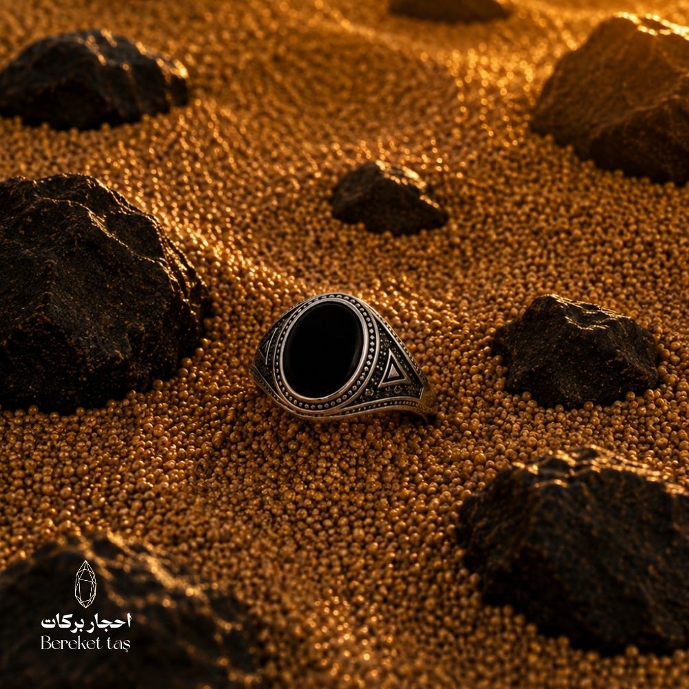 Luxury men's Onyx stone ring in 925 sterling silver, featuring a natural black Onyx stone, 12mm length × 10mm width — Bereket Taş