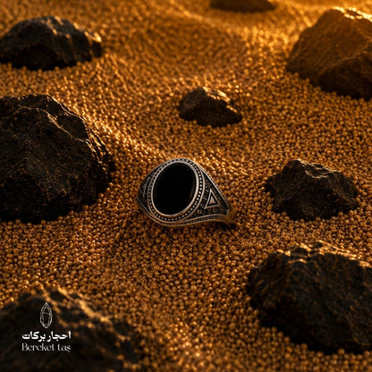 Luxury men's Onyx stone ring in 925 sterling silver, featuring a natural black Onyx stone, 12mm length × 10mm width — Bereket Taş