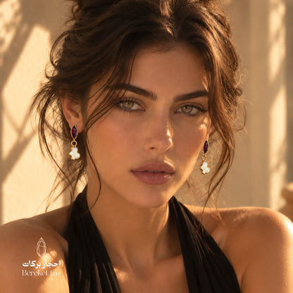 Elegant look featuring Amethyst and natural Pearl drop earrings with gold-plated metal