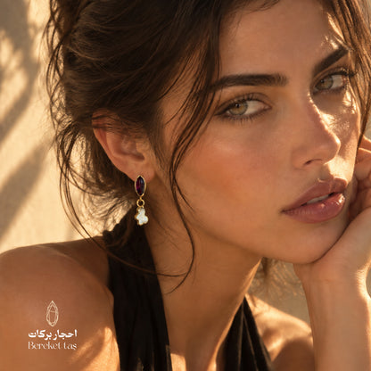 Close-up side profile featuring an Amethyst and natural Pearl drop earring with gold-plated metal