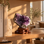 Natural Brazilian Amethyst with purple crystal formations displayed on a wooden shelf in a warm interior