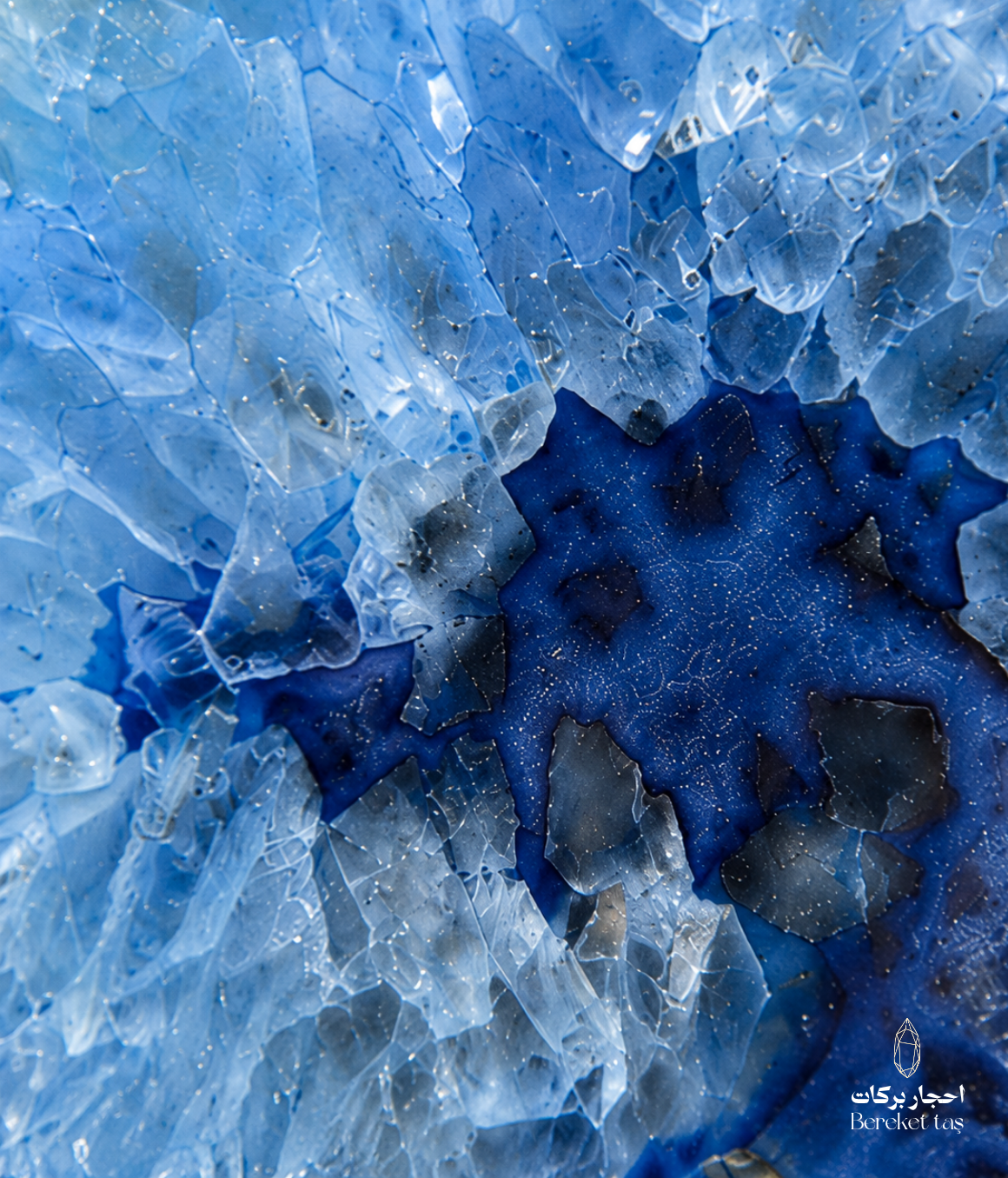 Close-up of natural Brazilian blue agate with detailed crystalline formations