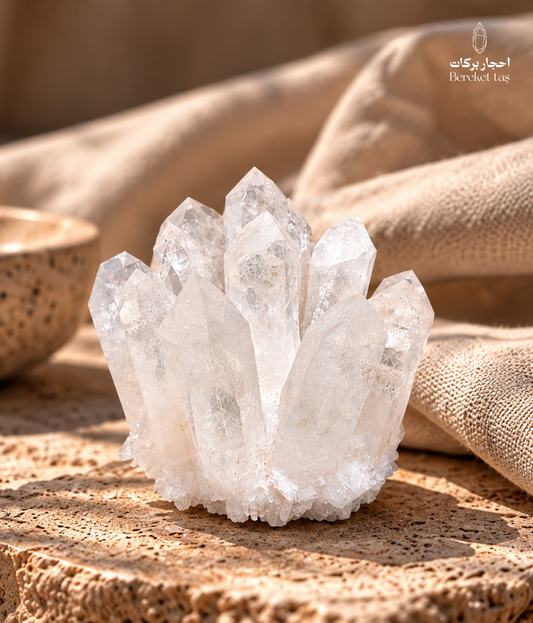 Natural Brazilian crystal quartz cluster displayed on a stone surface