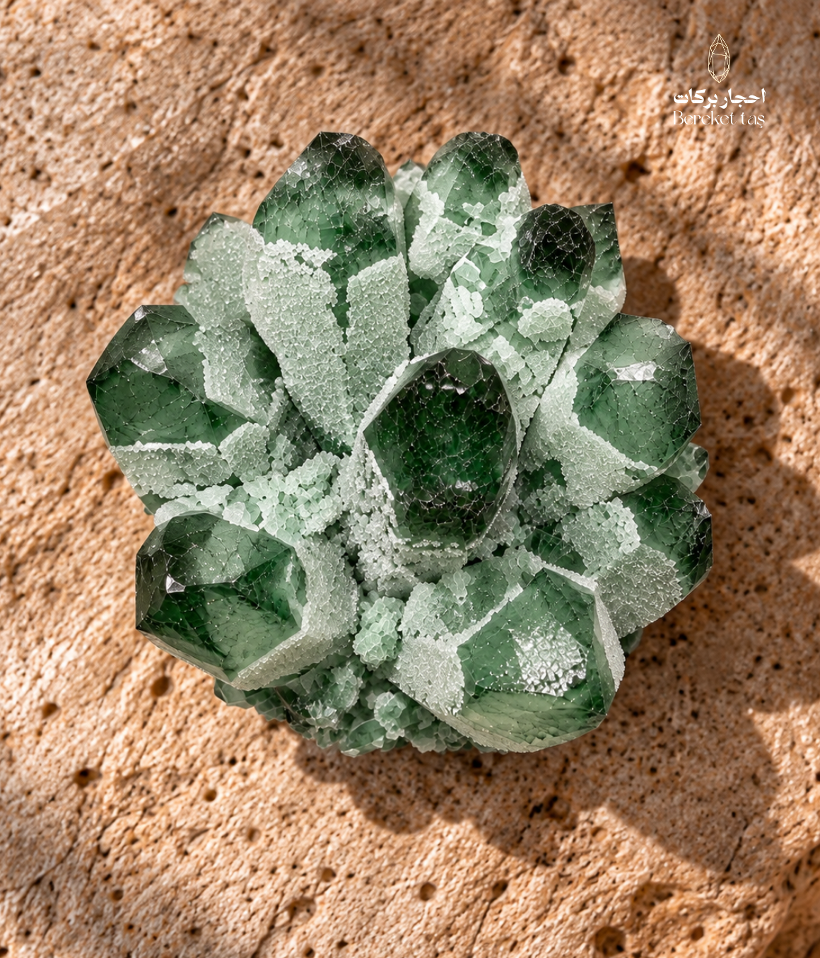 Natural Brazilian green quartz crystal cluster viewed from above, showing layered green formations