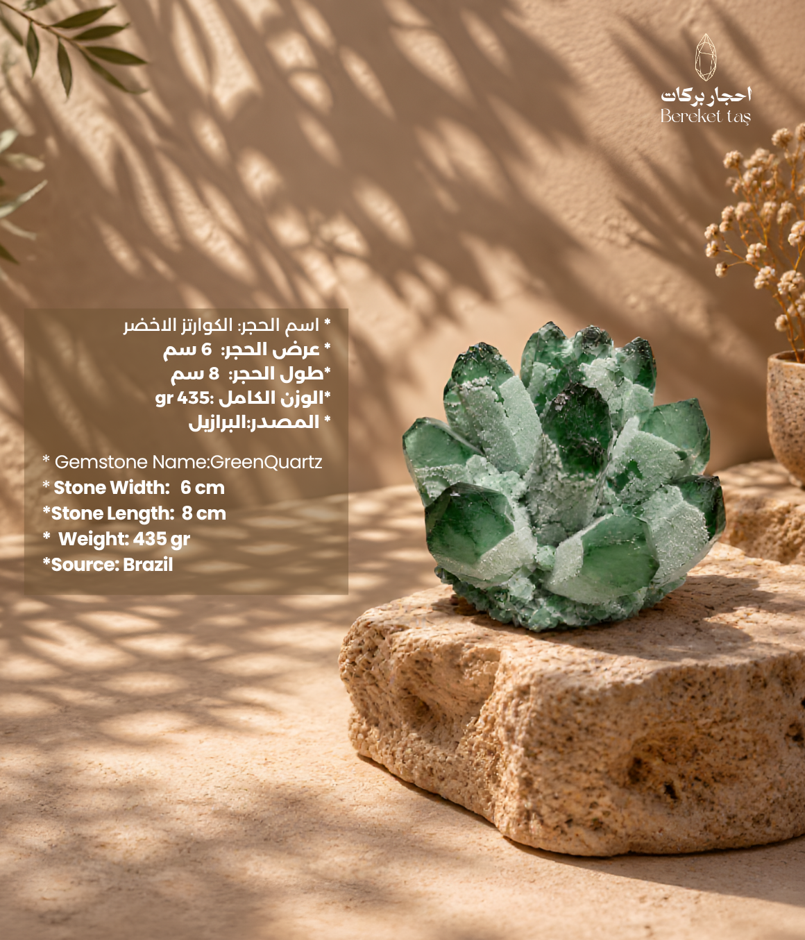Brazilian green quartz crystal cluster displayed on a natural stone base in a warm interior setting