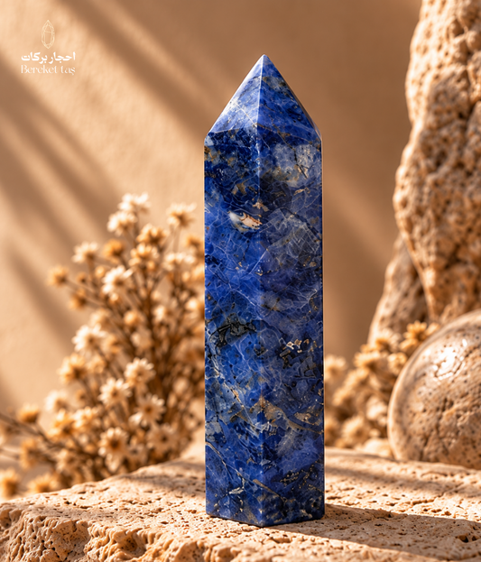 Natural Brazilian sodalite gemstone point with deep blue tones, white patterns, and subtle golden details displayed on a stone surface