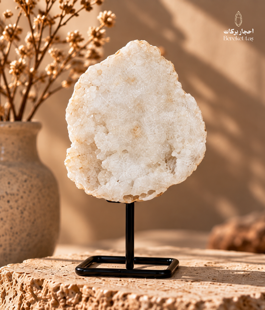 Natural Brazilian white quartz with small crystal formations displayed on a black metal stand