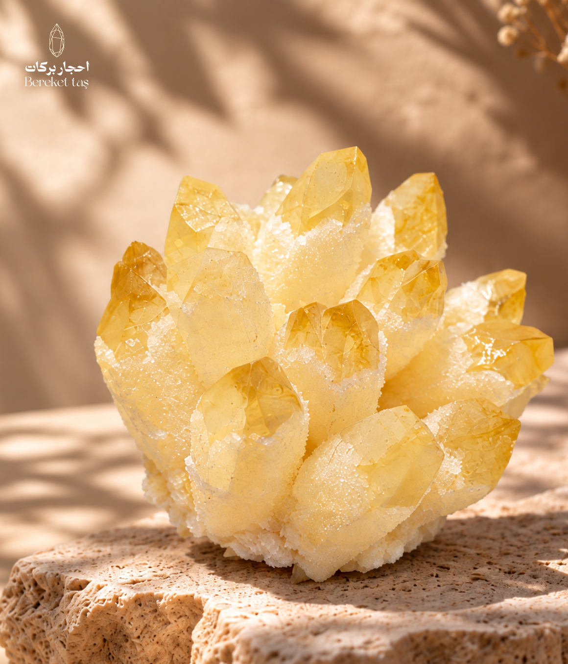 Natural Brazilian yellow quartz crystal formation with warm golden tones