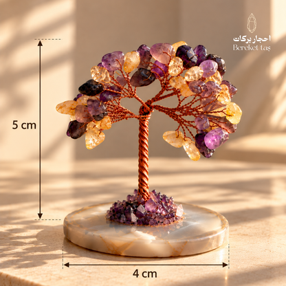 Natural Citrine and Amethyst tree with Agate base showing its 5 cm length and 4 cm tree width