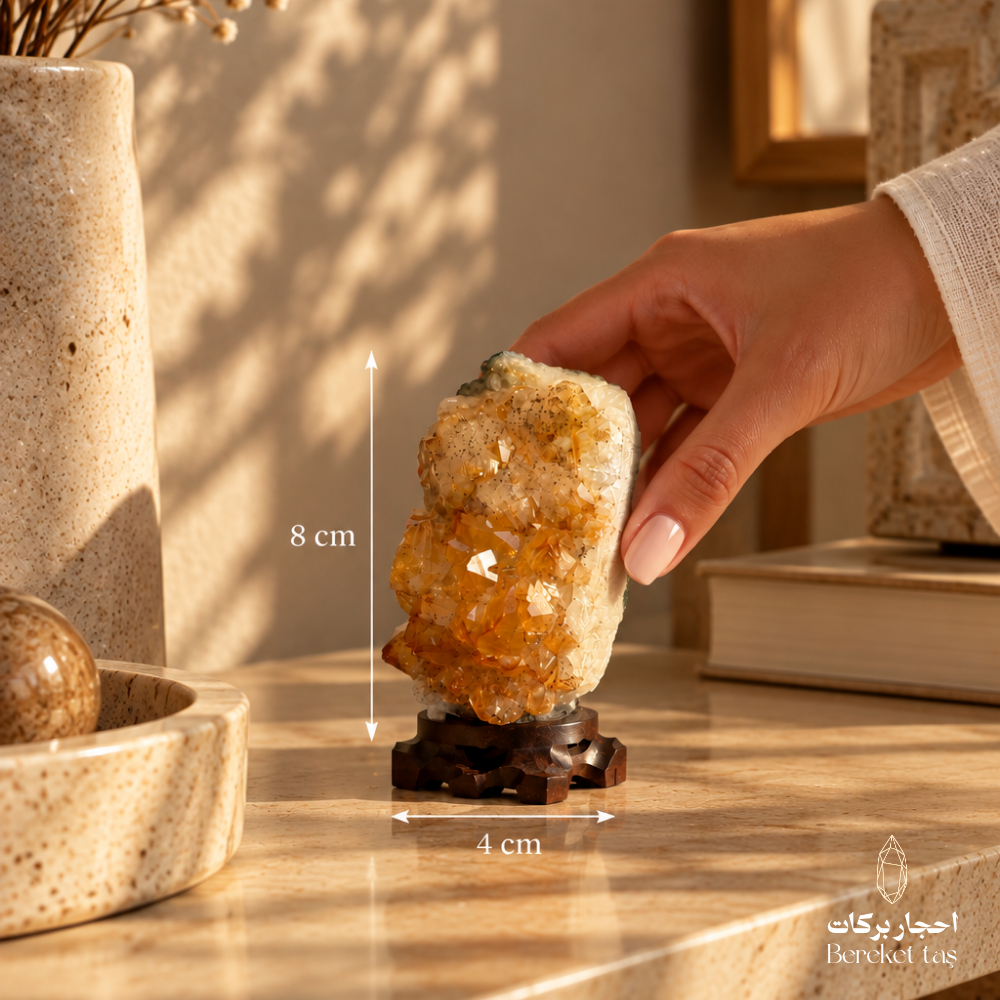 Natural Citrine crystal decorative stone showing its 8 cm length and 4 cm width