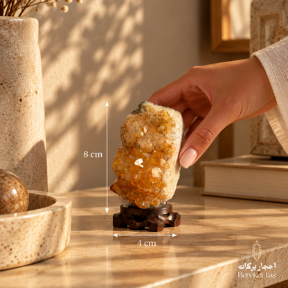 Natural Citrine crystal decorative stone showing its 8 cm length and 4 cm width