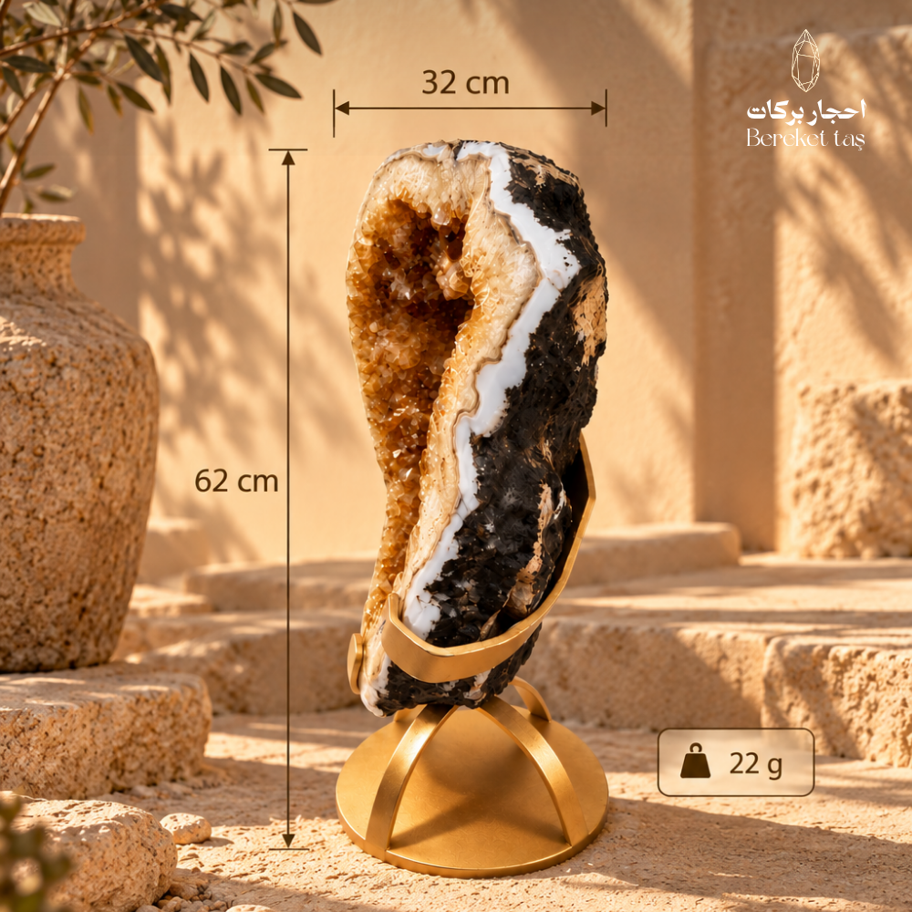 Natural Citrine geode on a metal display stand showing 32 cm width, 62 cm length, and 22 kg weight