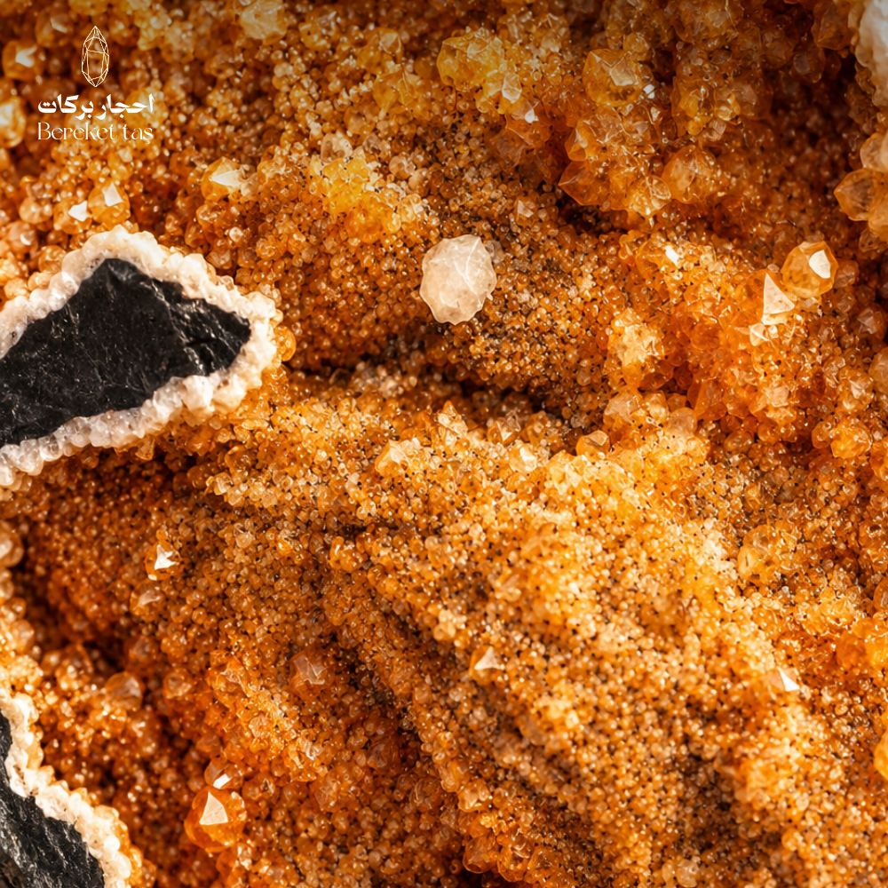 Close-up view of natural Citrine geode crystals in warm golden and orange tones with detailed raw mineral texture