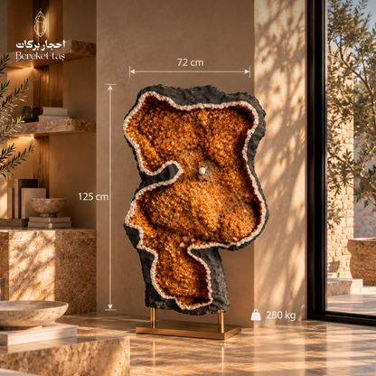 Large natural Citrine geode showing its 72 cm width, 125 cm length, and 280 kg weight