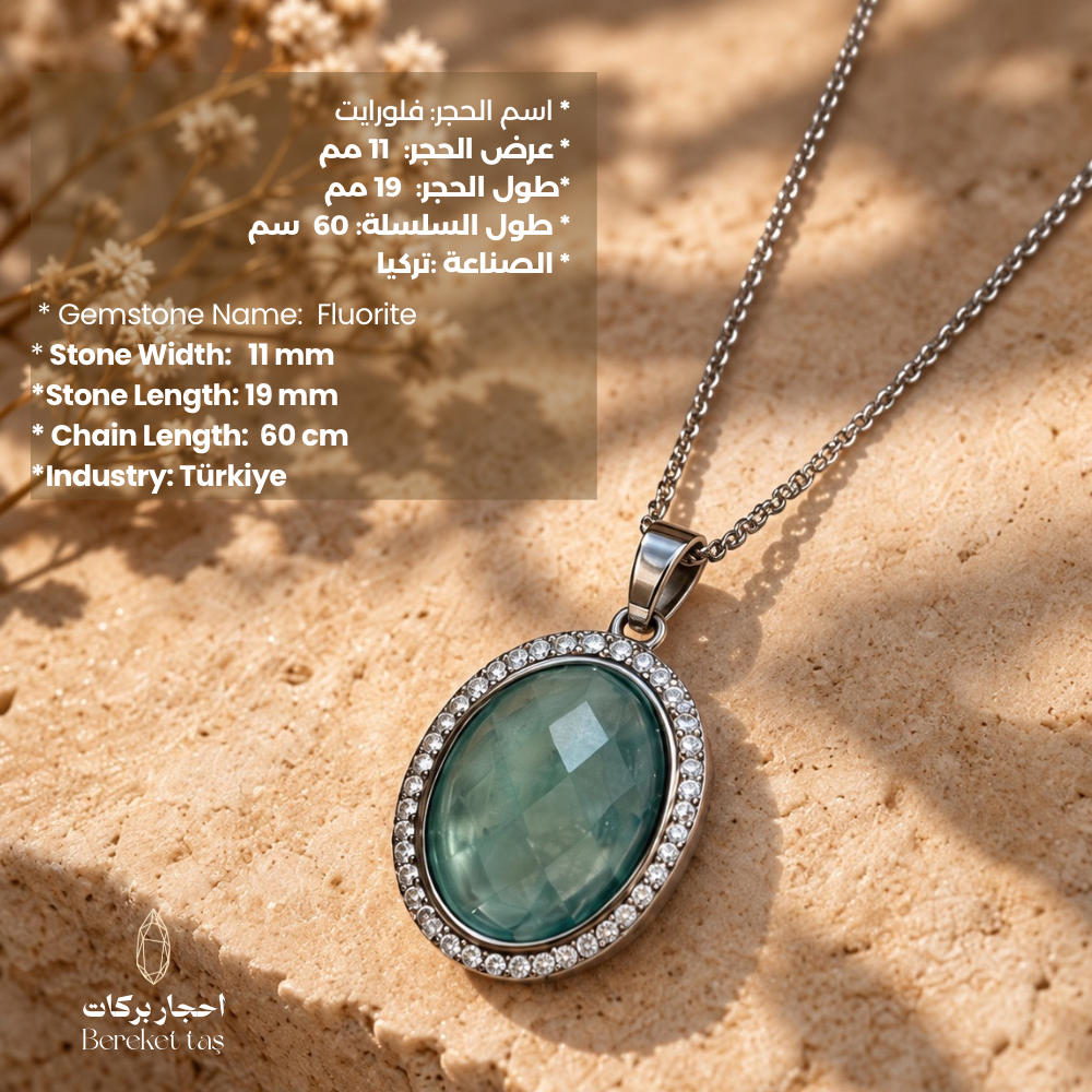 Natural green Fluorite pendant necklace with silver metal showing gemstone measurements and product details