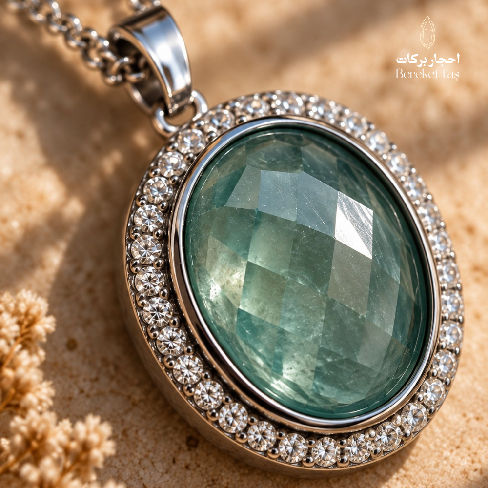 Natural green Fluorite pendant with a silver setting and sparkling stone details