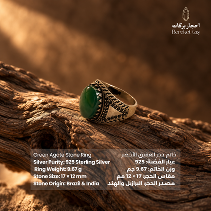 Natural Green Agate men's ring in 925 Sterling Silver displayed on textured wood, showing the gemstone, ornate setting, and product details