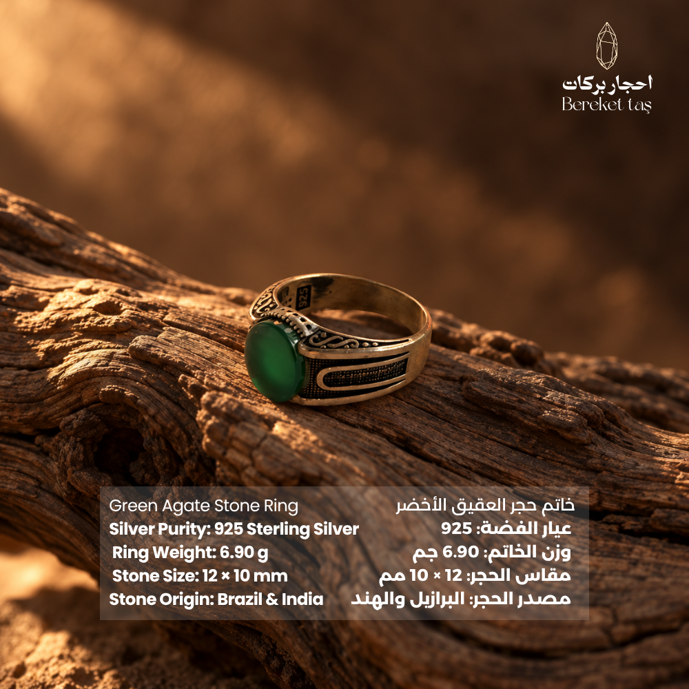 Natural Green Agate men's ring in 925 Sterling Silver displayed on textured wood, showcasing the green gemstone and detailed silver setting with product specifications.