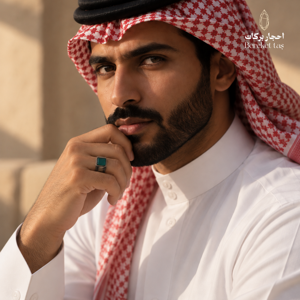 Man wearing a natural Green Agate ring in 925 Sterling Silver with traditional Gulf attire, showcasing the gemstone and detailed silver setting