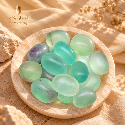 Collection of polished green fluorite stones with soft mint, aqua, and purple tones displayed in a stone bowl