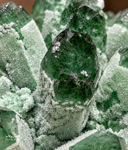 Close-up of natural Brazilian green quartz showing detailed crystal formations and translucent green tones