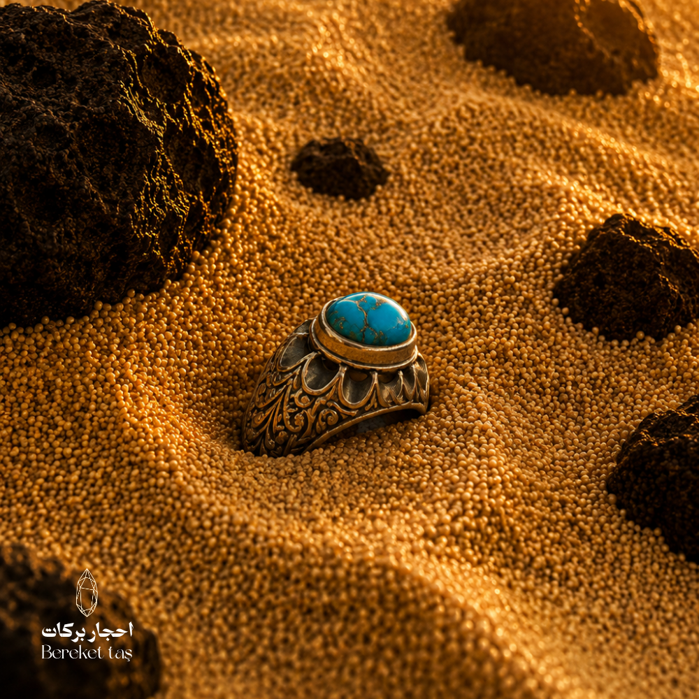 Handmade Iranian Nishapur turquoise ring in 925 sterling silver displayed on warm desert sand