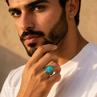 Iranian Nishapur turquoise ring in 925 sterling silver featured in a men's fashion close-up