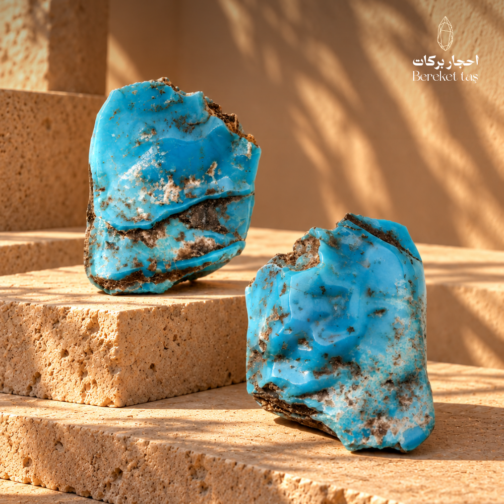 Natural raw Iranian Turquoise stones with blue tones and natural dark matrix displayed on a warm stone surface