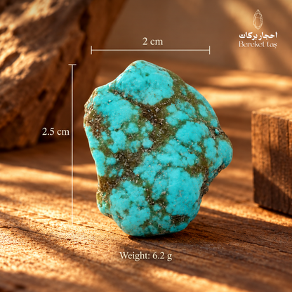 Natural Iranian Turquoise stone showing its 2 cm width, 2.5 cm length, and 6.2 g weight