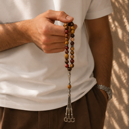 Natural multicolor Jasper Tasbih held by hand, featuring dark brown, light brown, beige and mustard beads with a silver tassel.