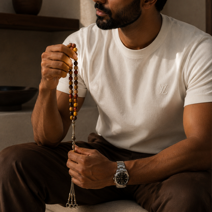 Natural multicolor Jasper Tasbih held during prayer, showcasing earthy brown, beige and mustard-colored beads with a silver tassel.