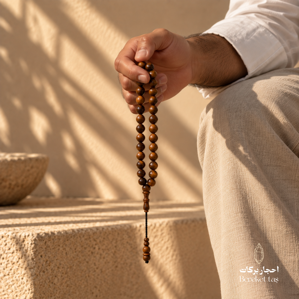 Natural Kuka Prayer Beads held in hand, showcasing polished brown beads and Istanbul Cut design