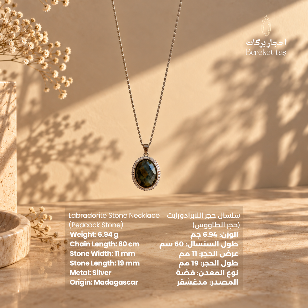 Natural Labradorite Peacock Stone necklace with a silver chain displayed against a warm beige background with product details