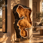 Large natural Citrine geode with golden-orange crystals displayed on a metal stand in an elegant interior