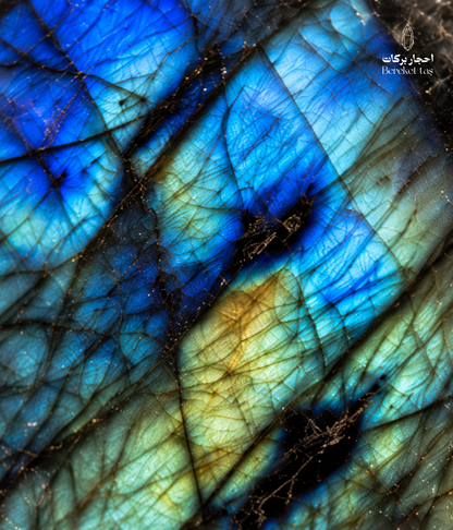 Close-up of natural Madagascar Labradorite showing vivid blue flashes, green tones, and natural dark lines