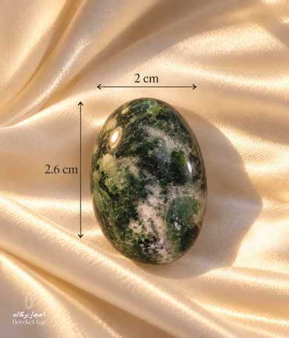 Natural polished Moss Agate stone showing its 2.6 cm length and 2 cm width, with green and white natural patterns