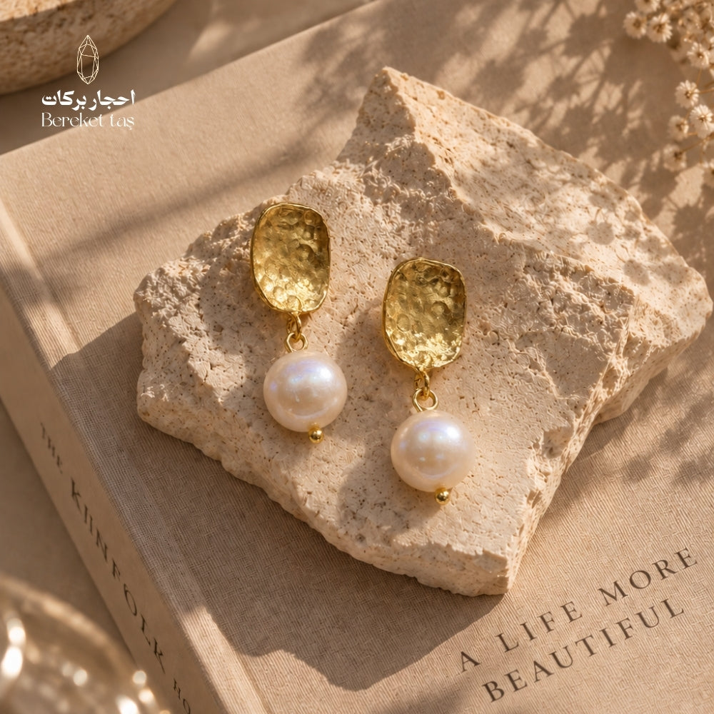 Natural 7A Pearl earrings with a handcrafted gold-plated copper design