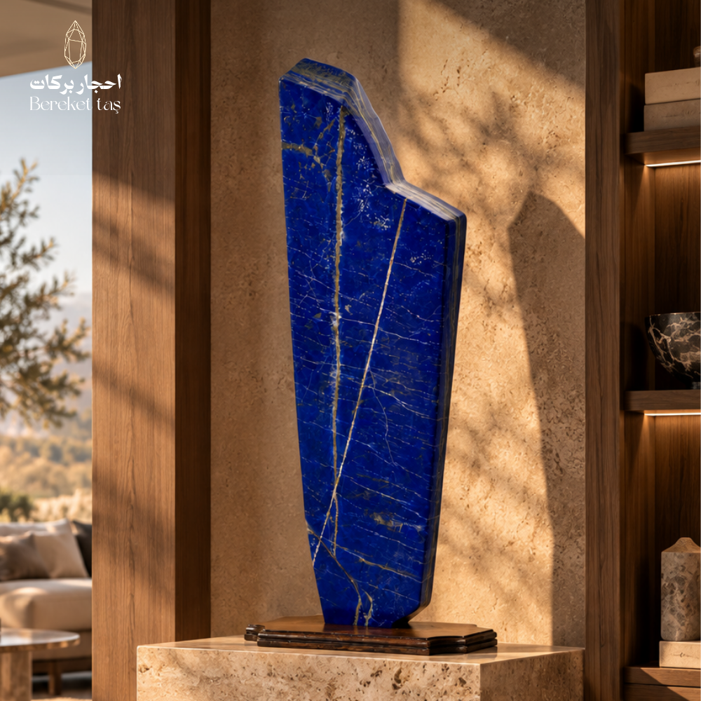 Natural Afghan Lapis Lazuli geodesic sculpture displayed on a wooden stand in an elegant interior